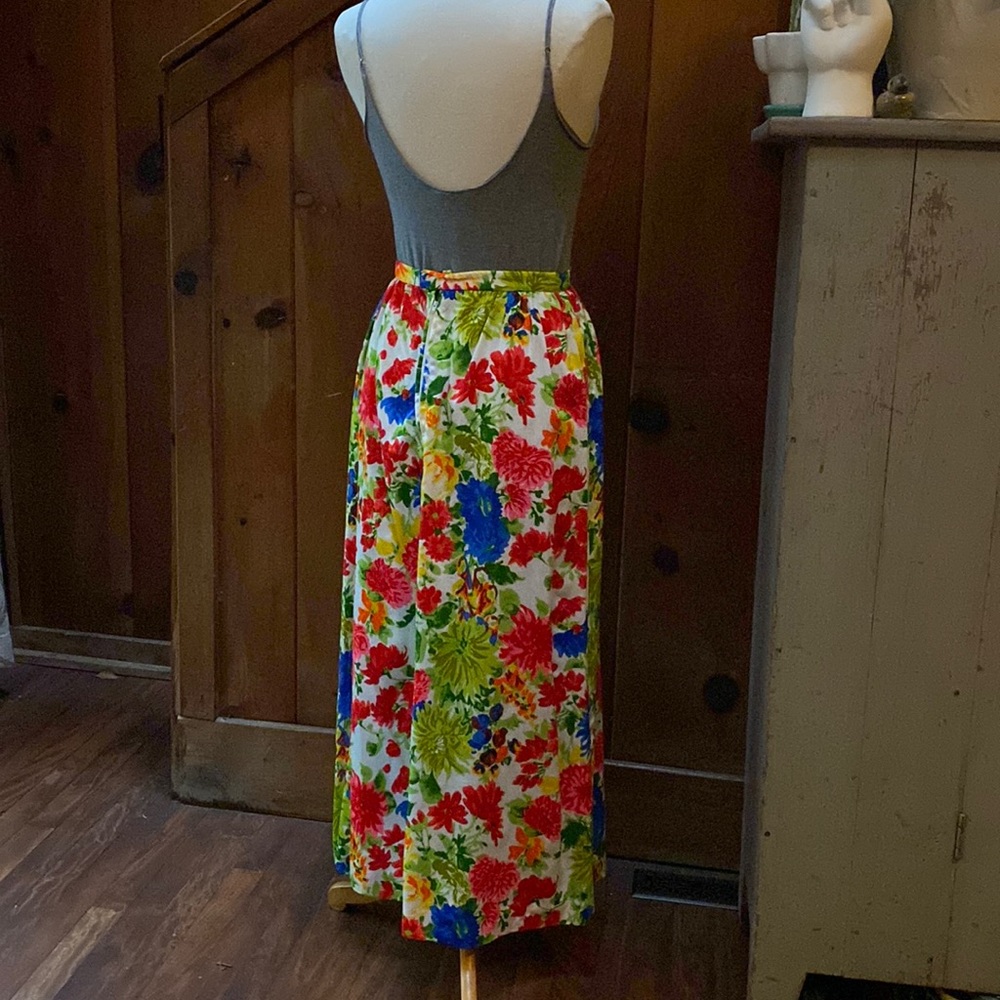 Vintage Handmade Bright Floral Maxi Skirt with Belt - Picture 3 of 7